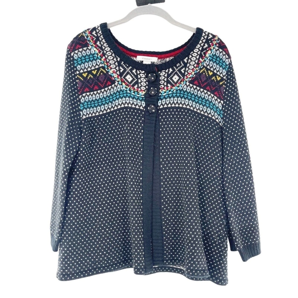 Dressbarn Womens M Fair Isle Cardigan Sweater Button‎ Front Coastal Nautical